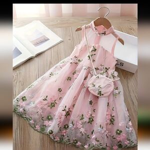 New Girls Floral Pink Organza Dress with Matching Bag